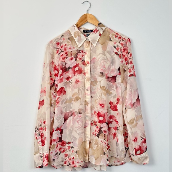 Chaps Tops - Chaps Pink & Cream Floral Button Up Blouse with Pleated Back
